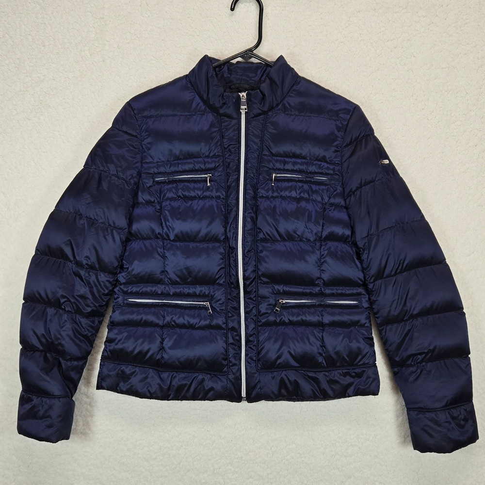 bebe Women Quilted Puffer Jacket Zip Front Silver Hardware Navy Size L